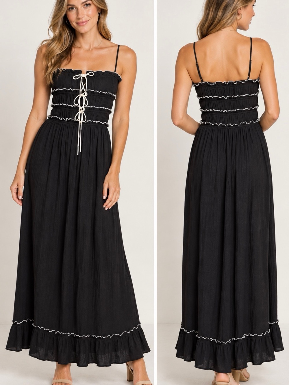 Women's Black Smocked Maxi Dress with White Contrast Ties